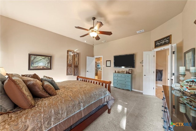 3201 Purple Sage Dr, Belton, TX 76513 - bedroom featuring baseboards, visible vents, a ceiling fan, and light colored carpet