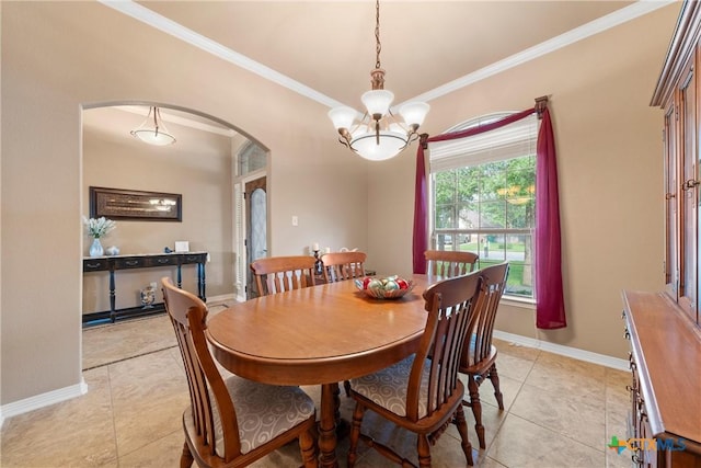 3201 Purple Sage Dr, Belton, TX 76513 - dining space with ornamental molding, baseboards, a chandelier, arched walkways, and light tile patterned floors