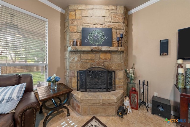 3201 Purple Sage Dr, Belton, TX 76513 - living room featuring ornamental molding and a stone fireplace