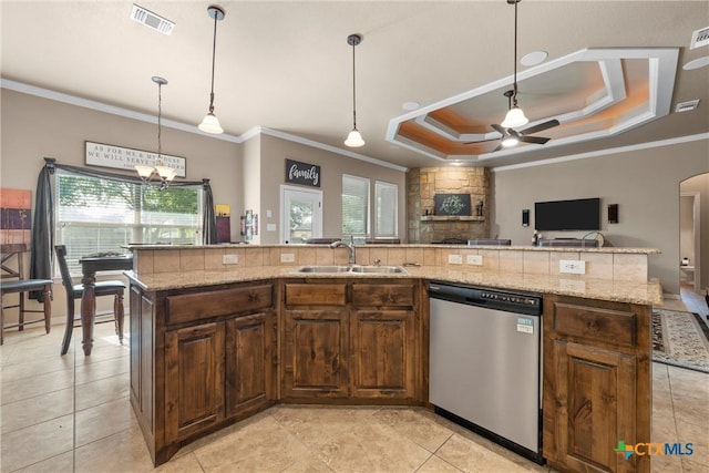 3201 Purple Sage Dr, Belton, TX 76513 - kitchen featuring visible vents, dishwasher, a sink, ceiling fan with notable chandelier, and ornamental molding