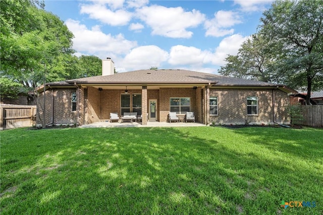 3201 Purple Sage Dr, Belton, TX 76513 - rear view of house featuring an outdoor hangout area, ceiling fan, a fenced backyard, a chimney, and a patio area