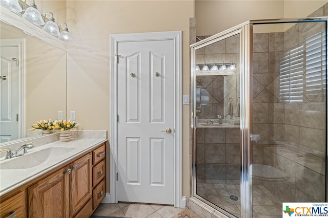 bathroom featuring walk in shower, vanity, and tile patterned floors