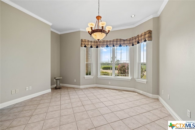 unfurnished room featuring ornamental molding, light tile patterned floors, and a notable chandelier