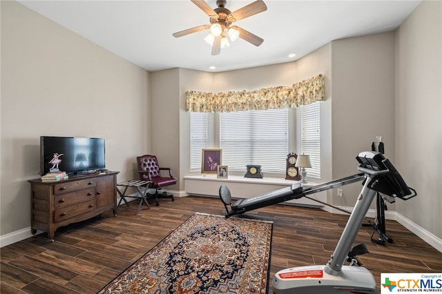 workout room with ceiling fan and dark hardwood / wood-style floors