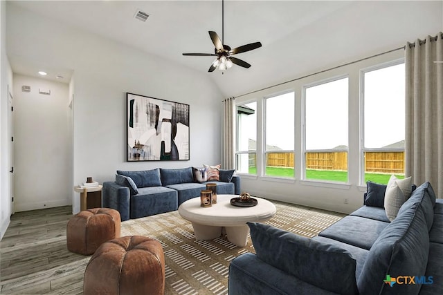 1923 Privet Rd, New Braunfels, TX 78132 - living room with ceiling fan, wood finished floors, and lofted ceiling