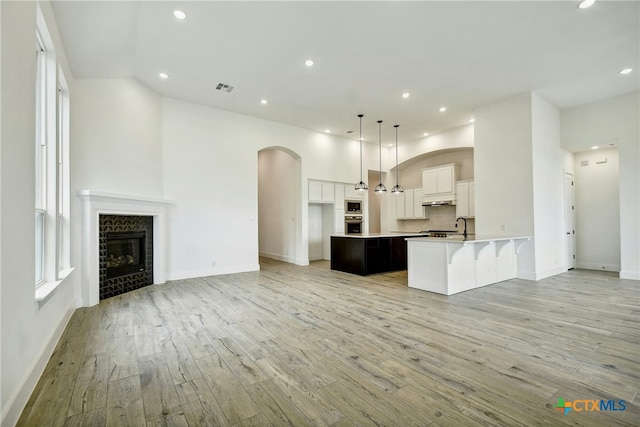 1923 Privet Rd, New Braunfels, TX 78132 - unfurnished living room featuring a glass covered fireplace, light wood-type flooring, recessed lighting, and arched walkways