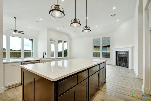 1923 Privet Rd, New Braunfels, TX 78132 - kitchen featuring open floor plan, vaulted ceiling, a center island, plenty of natural light, and a tiled fireplace