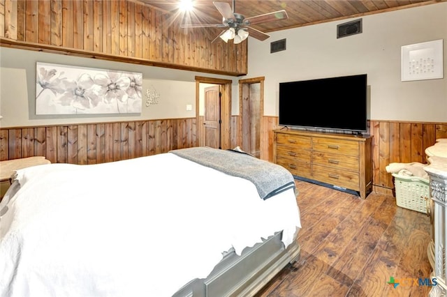 1622 Old Goliad Rd, Victoria, TX 77905 - bedroom with wood walls, a wainscoted wall, wood-type flooring, wooden ceiling, and a ceiling fan