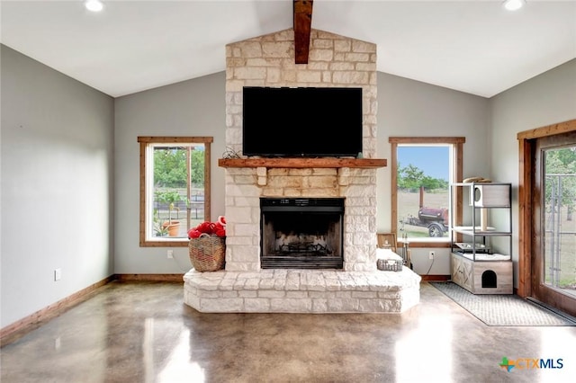 1622 Old Goliad Rd, Victoria, TX 77905 - living room with finished concrete floors, a fireplace, baseboards, lofted ceiling, and recessed lighting