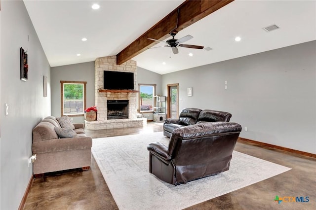 1622 Old Goliad Rd, Victoria, TX 77905 - living area with concrete flooring, baseboards, a ceiling fan, a fireplace, and recessed lighting