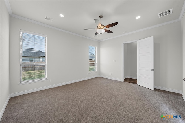 interior space featuring ornamental molding and ceiling fan