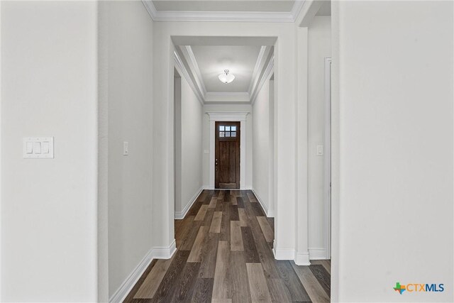 6402 Waggoner Ct, Temple, TX 76502 - corridor with dark hardwood / wood-style floors and ornamental molding