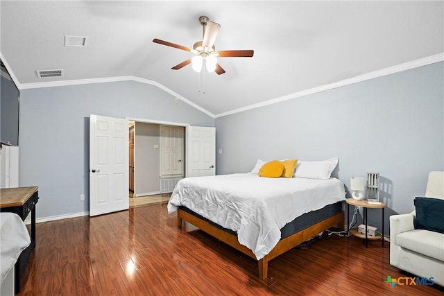 213 Gracie Ct, Harker Heights, TX 76548 - bedroom with vaulted ceiling, wood finished floors, baseboards, a ceiling fan, and crown molding