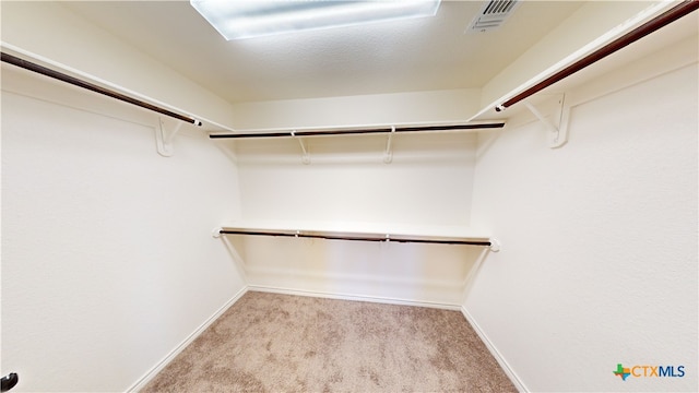 walk in closet featuring light colored carpet