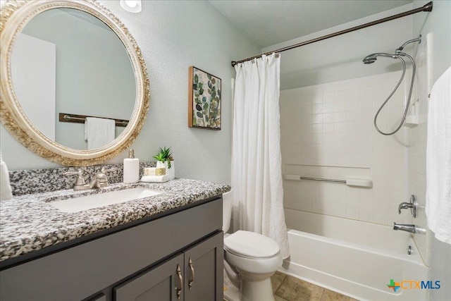2102 Garrison Dr, Leander, TX 78641 - bathroom with vanity, shower / bathtub combination with curtain, and tile patterned flooring