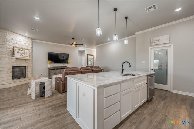 kitchen with visible vents, a sink, a stone fireplace, and stainless steel dishwasher