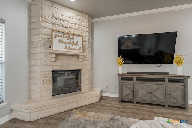 living room featuring ornamental molding, a stone fireplace, baseboards, and wood finished floors