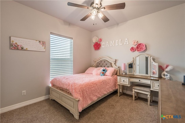 bedroom featuring a ceiling fan, baseboards, and carpet flooring