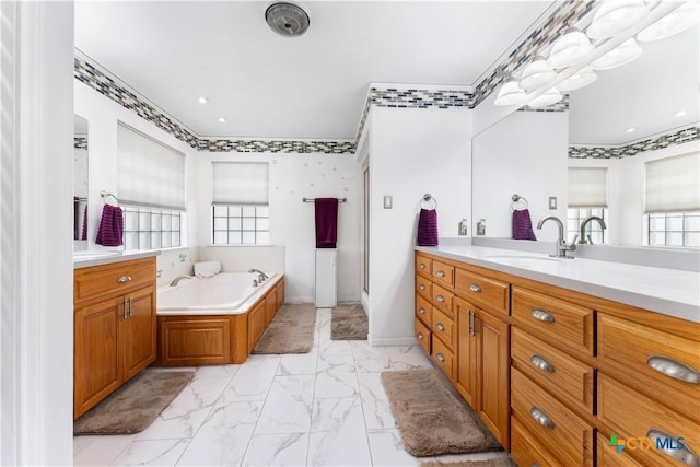2106 Antelope Trl, Harker Heights, TX 76548 - full bath with marble look tiles, a bath, vanity, a shower stall, and crown molding