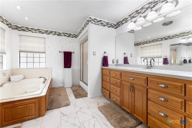 2106 Antelope Trl, Harker Heights, TX 76548 - bathroom featuring a whirlpool tub, marble finish flooring, vanity, and a shower stall