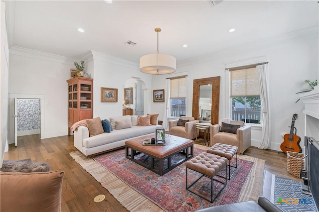 living room featuring ornamental molding and hardwood / wood-style floors