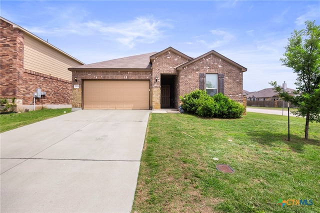 ranch-style home featuring a garage, driveway, brick siding, and a front lawn