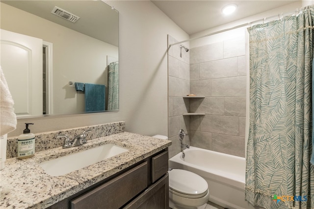 full bathroom with toilet, vanity, and shower / bathtub combination with curtain