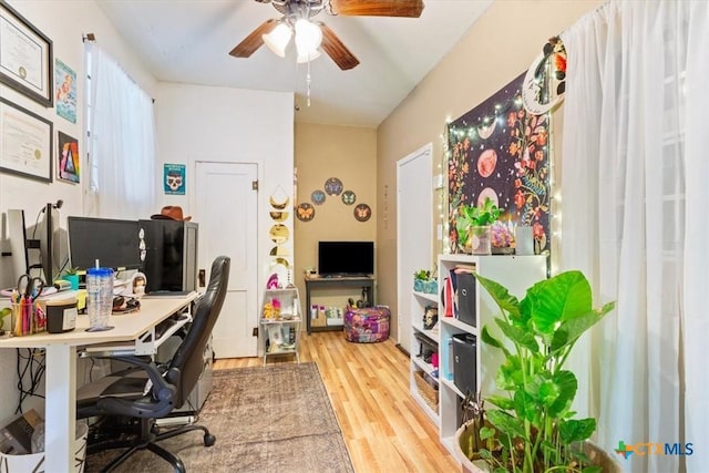 office space featuring wood-type flooring and ceiling fan