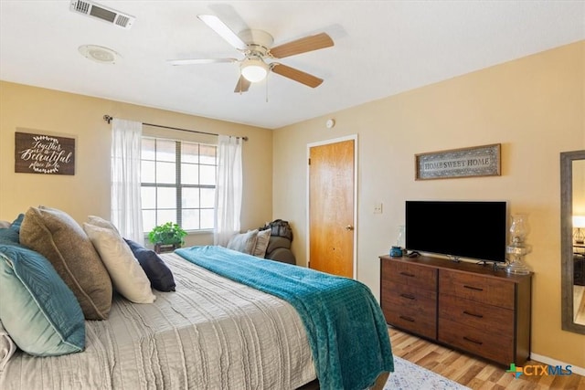 bedroom featuring ceiling fan and light hardwood / wood-style floors