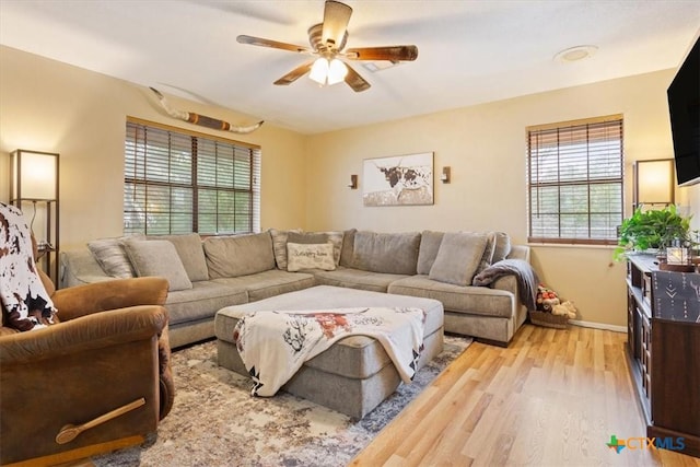 living room with ceiling fan and light wood-type flooring