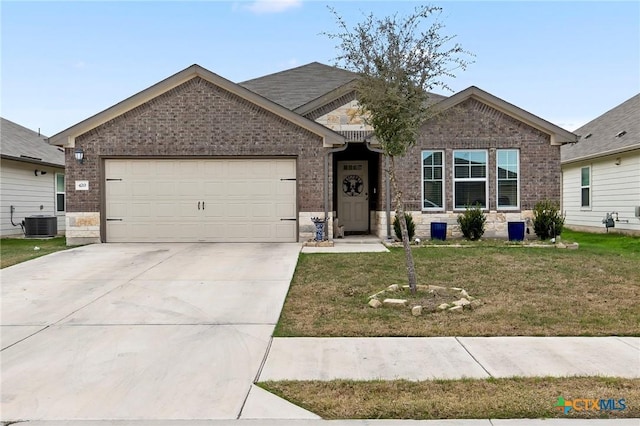 view of front facade featuring central AC, a garage, and a front lawn