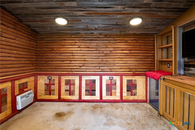 interior space with a wall mounted AC and wooden ceiling