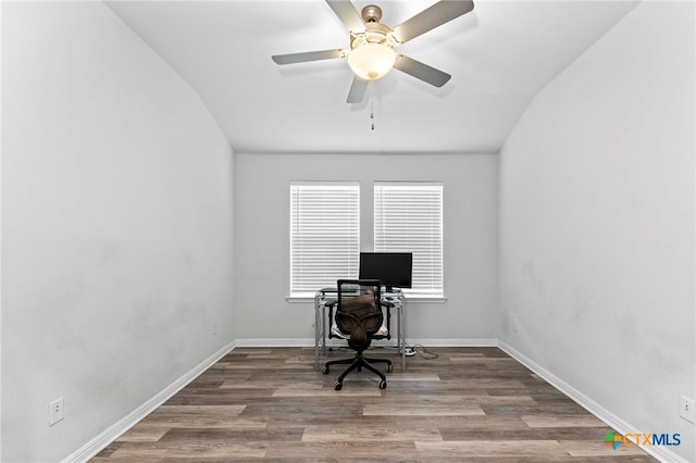 office space featuring hardwood / wood-style flooring and ceiling fan