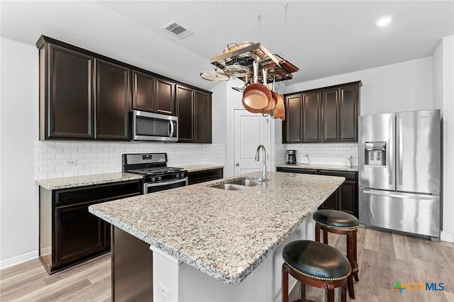 kitchen with a kitchen island with sink, sink, stainless steel appliances, and light hardwood / wood-style floors