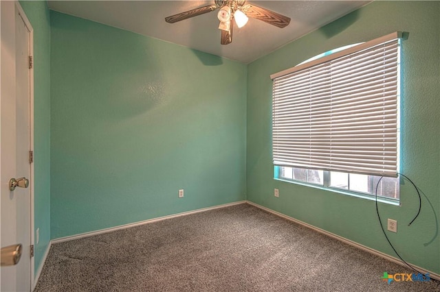 spare room featuring ceiling fan and carpet floors