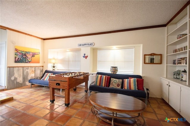 playroom with ornamental molding, a healthy amount of sunlight, and a textured ceiling