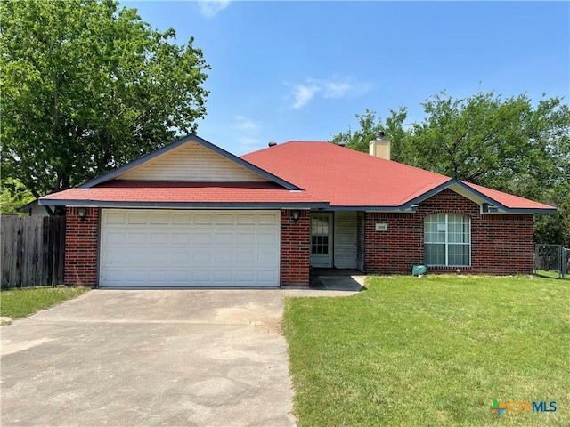 3908 Lakecliff Dr, Harker Heights, TX 76548 - ranch-style house with concrete driveway, a garage, a chimney, and brick siding