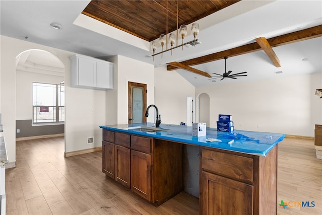 kitchen featuring ceiling fan, sink, pendant lighting, and light hardwood / wood-style flooring