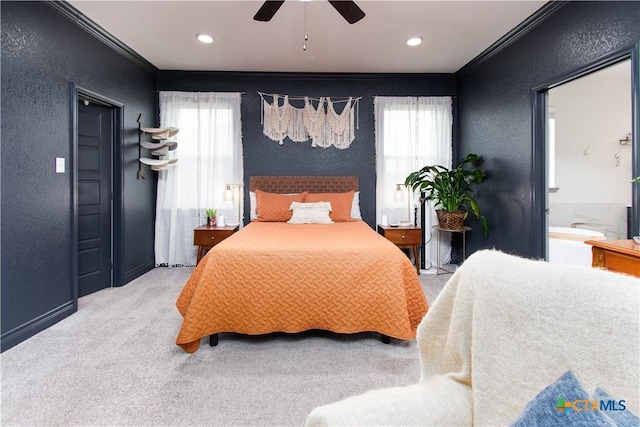 3810 Twilight Dr, Temple, TX 76502 - bedroom featuring ornamental molding, a textured wall, multiple windows, carpet, and a ceiling fan