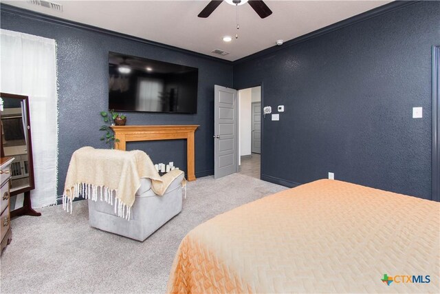 3810 Twilight Dr, Temple, TX 76502 - bedroom featuring a textured wall, carpet floors, ceiling fan, and ornamental molding