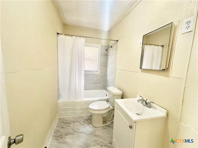 bathroom featuring vanity, shower / tub combo, toilet, and marble finish floor