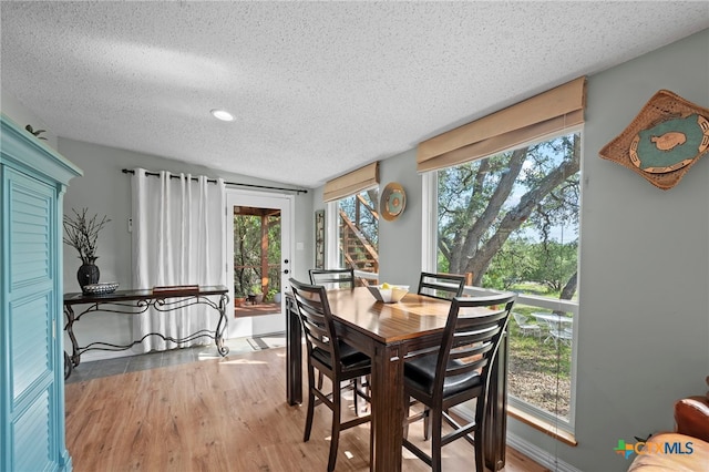 1400 Willow Dr, Canyon Lake, TX 78133 - dining area with a textured ceiling, wood finished floors, healthy amount of natural light, and recessed lighting