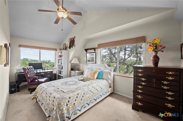 1400 Willow Dr, Canyon Lake, TX 78133 - carpeted bedroom featuring lofted ceiling, an office area, and a ceiling fan