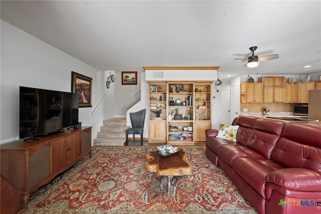 1400 Willow Dr, Canyon Lake, TX 78133 - living area with stairs, ceiling fan, and recessed lighting