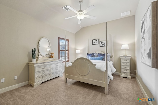 bedroom with light carpet, baseboards, visible vents, and vaulted ceiling