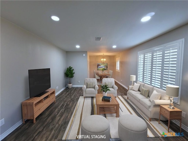 living room featuring dark wood-type flooring