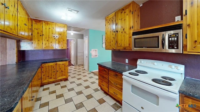 702 E Anaqua Ave, Victoria, TX 77901 - kitchen with electric range, stainless steel microwave, light floors, dark countertops, and brown cabinets