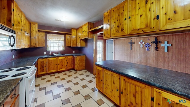 702 E Anaqua Ave, Victoria, TX 77901 - kitchen with white range with electric cooktop, light floors, brown cabinets, stainless steel microwave, and dark countertops