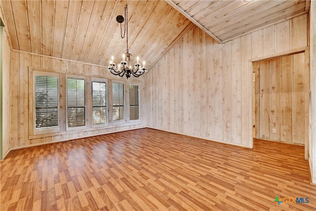 unfurnished dining area with hardwood / wood-style floors, wood ceiling, wooden walls, and lofted ceiling