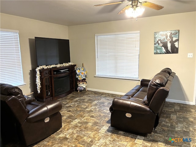 living room with ceiling fan